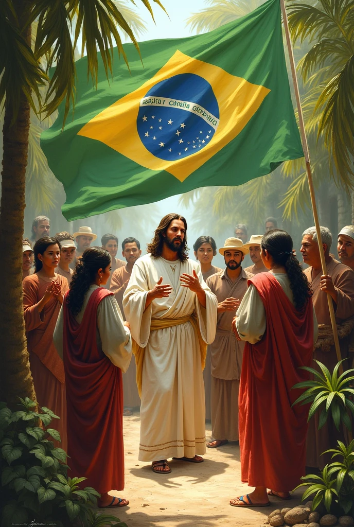Make Jesus, visiting the state of Ceara, with the state flag displayed, with several people working