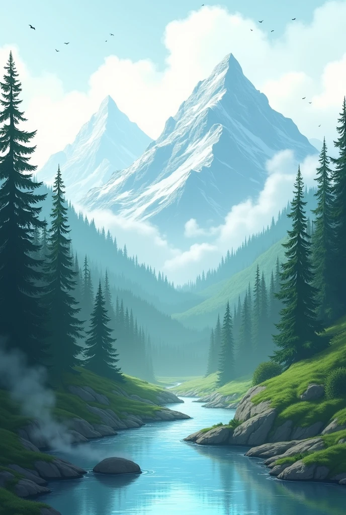 Landscape with mountains, stream, pine trees and clouds
