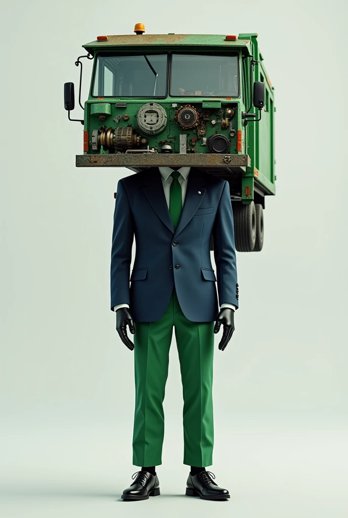 A humanoid being with the main characteristic of having its head replaced by a garbage truck, he wears a blue suit with green pants, he wears black leather gloves and black shoes