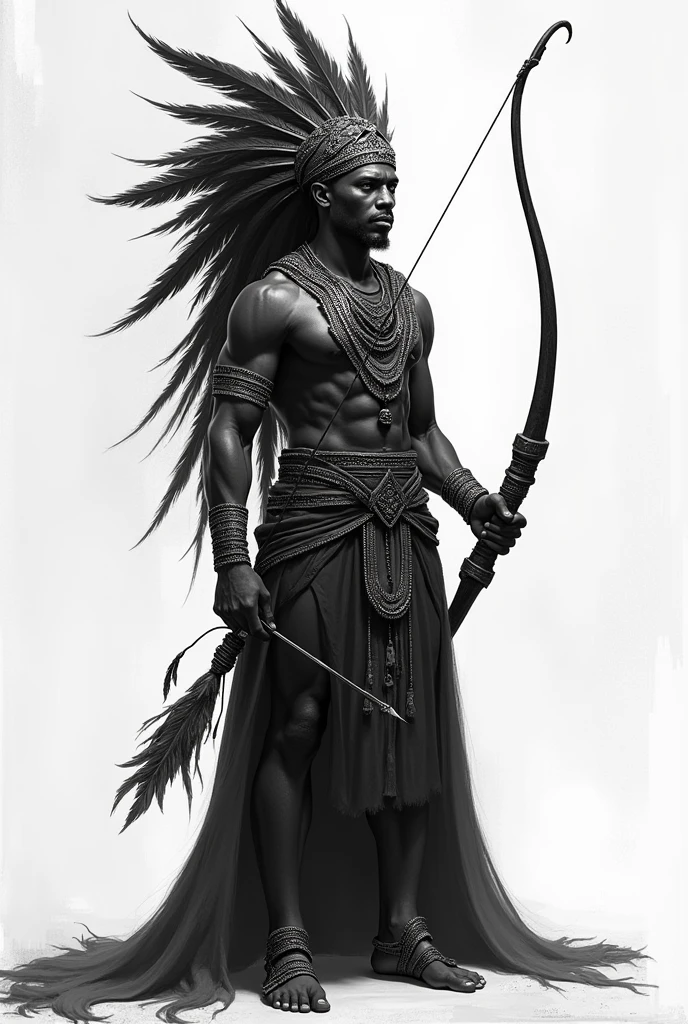 Orisha Oxossi in black and white holding a bow and arrow, with tunic, and feathers on the head