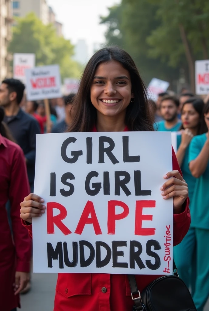 A girl is rape and mudder in a medical college so make a image of a poster which is holding by a protesters about this incident make it