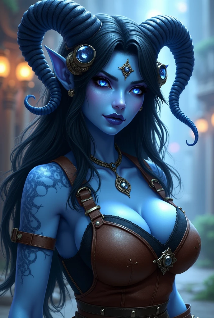 masterpiece, best quality, 1girl, solo, draenei, glowing eyes, colored sclera, tail ornament, hooves, white skin, blue eyes, black hair, shiny silver pouty lips, (tentacle hair:0.8), close-up, upper body, hair ornament, plump and large breasts, shiny skin, shiny silver lipstick, goggles , bob hair cut, fantasy, magic, psy powers, leather apron, toolbelt, mechanic, glasses, apron pouch with tools