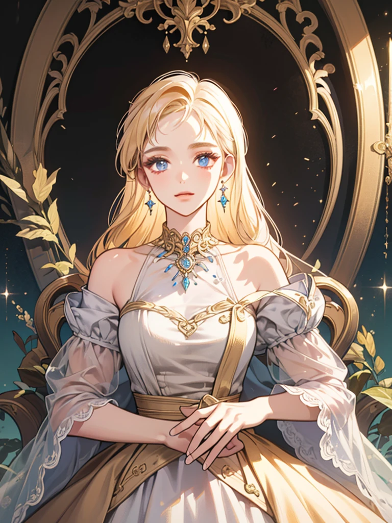 (((((masterpiece+Best Quality+ultra detailed+8K Wallpaper+best illustration)))), violet eyes+Pure and indescribable face, long golden hair+earrings+Delicate pendant, single collar, Sparkling Adorned with Diamonds, Waist length dress + Master-level fashion design is well-tailored and stylish, evening dresses, Lighting effects, high quality, The environment surrounding the characters secretly triggers the mysterious and dreamy atmosphere of the characters...