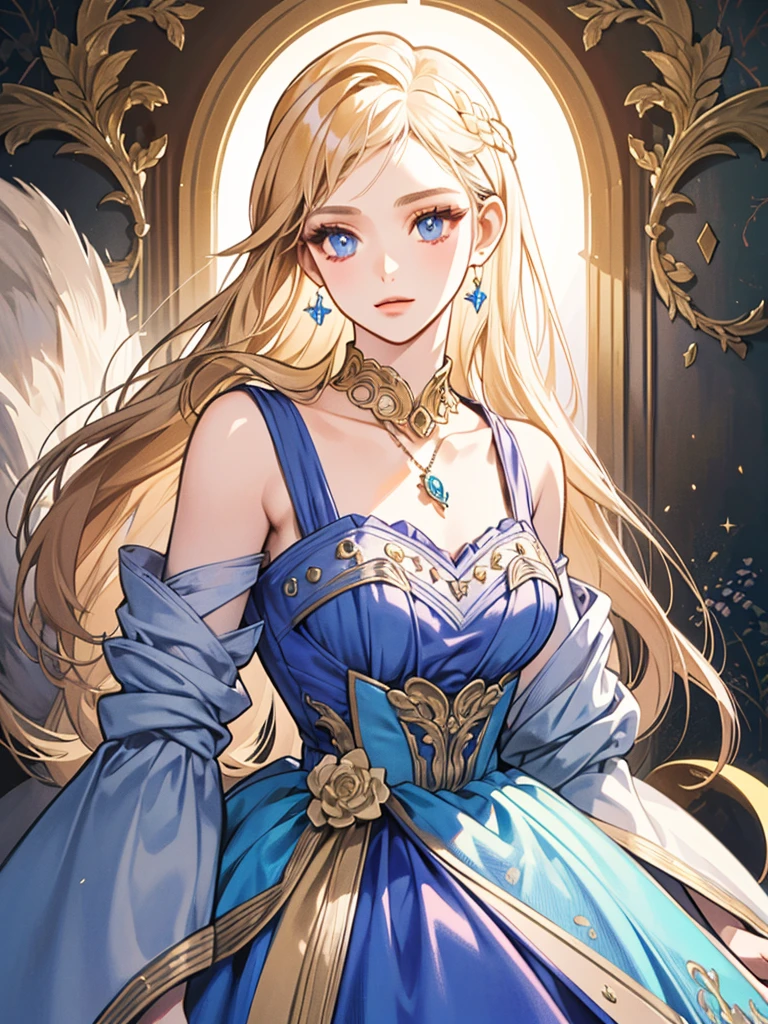 (((((masterpiece+Best Quality+ultra detailed+8K Wallpaper+best illustration)))), violet eyes+Pure and indescribable face, long golden hair+earrings+Delicate pendant, single collar, Sparkling Adorned with Diamonds, Waist length dress + Master-level fashion design is well-tailored and stylish, evening dresses, Lighting effects, high quality, The environment surrounding the characters secretly triggers the mysterious and dreamy atmosphere of the characters...