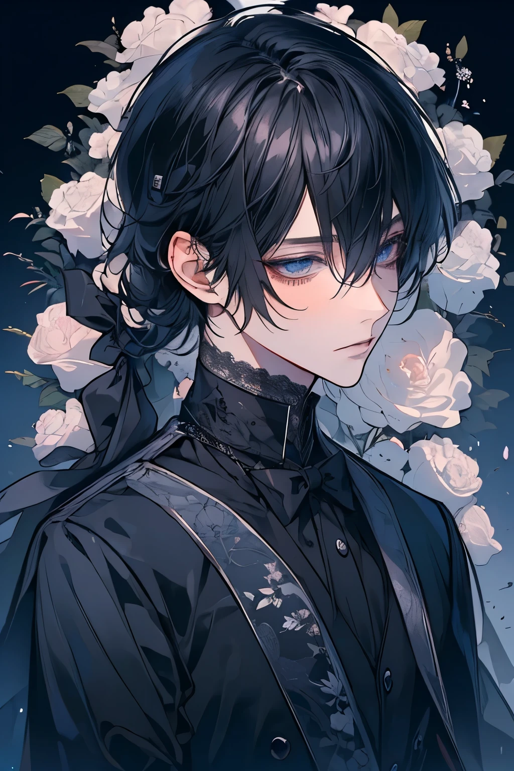 (Mastepiece)、(Best Quality)、Very detailed、((One man:1.5))、Perfect Face、Beautiful Face、Very detailedな顔、(Black Hair:1.3)、Black butler uniform、White gloves