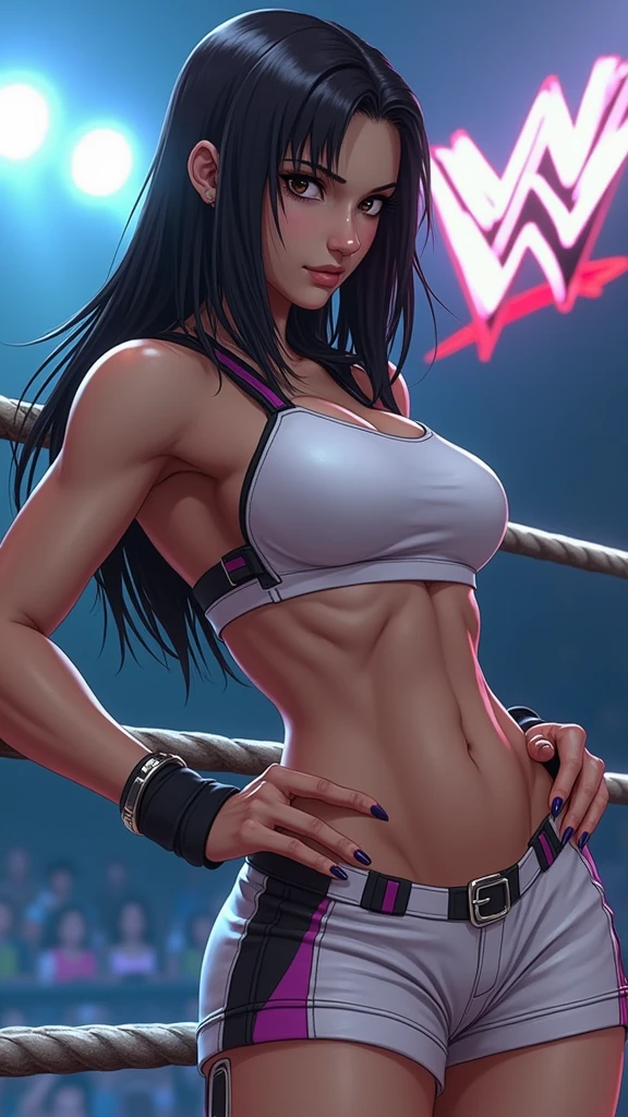  (female wrestler), slender body, mature woman, milf, (bikini, wrestling gear, sports hand band ) victorious, gorgeous, winner, kind face, smile, closed mouth, sitting, sport shoes, pulling one leg up, pale skin, (black hair color:1.1), wavy hair, ((long hair, hime cut), big breasts, only one arm stretching, long belly, closed fists