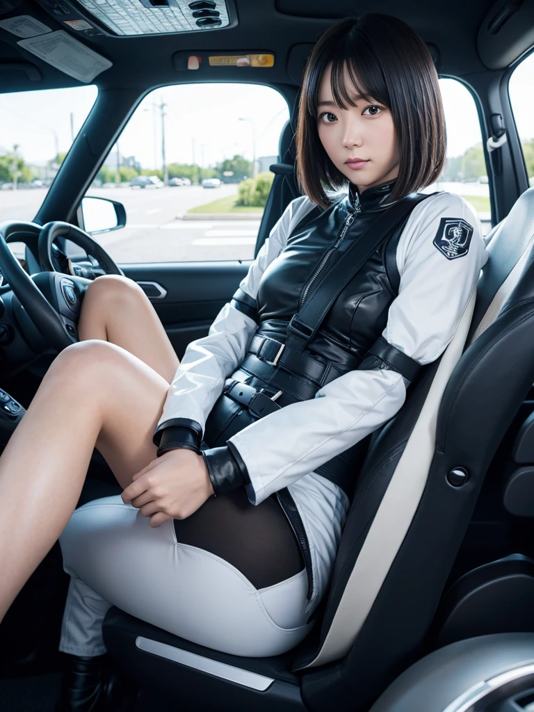 Japanese female android,Black Hair,The spaceship's cockpit,The person is completely secured in the seat with the backrest reclined by a thick harness belt.,Plump,With legs apart,Raising leg,Squat,Shiny white robot suit,Robotic arms and legs,Surrounded by switches and monitors,