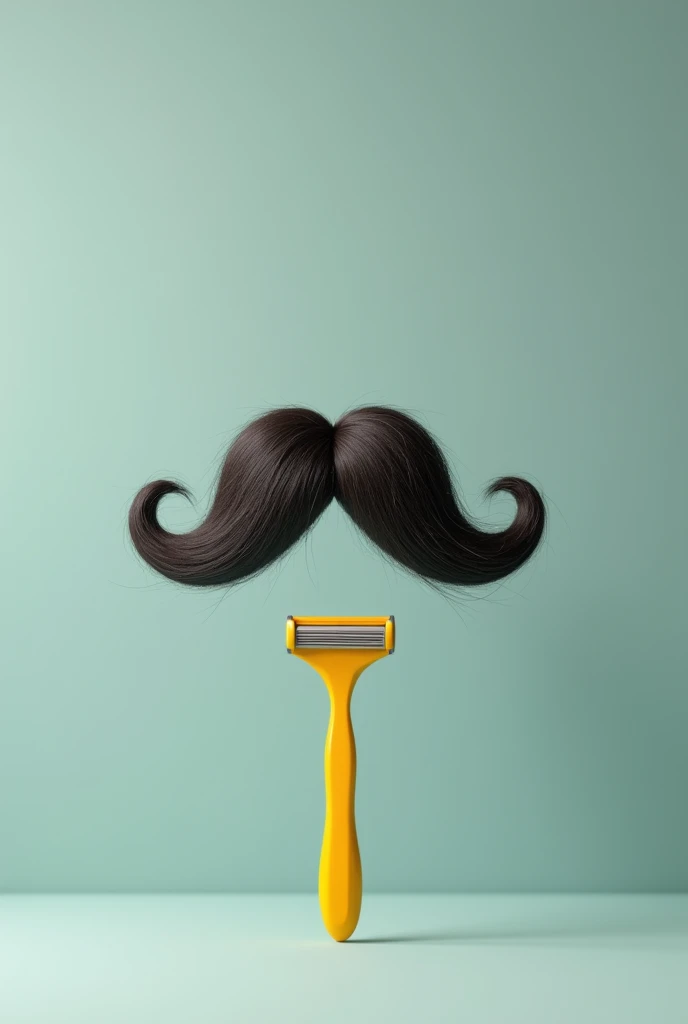 A Big Mustache and a Yellow BIC Razor. with no face, just the mustache and the object. I want the razor to cut the mustache, in an act of removing the mustache, because we don't like mustaches