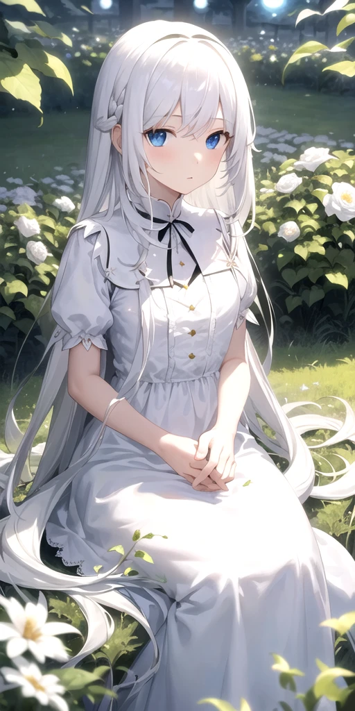 (masterpiece, Highest quality),One girl with long white hair sitting in a field of green plants and flowers, moonlight、White Dress, Blurred foreground、night、Sparkling light blue eyes、Long Hair、