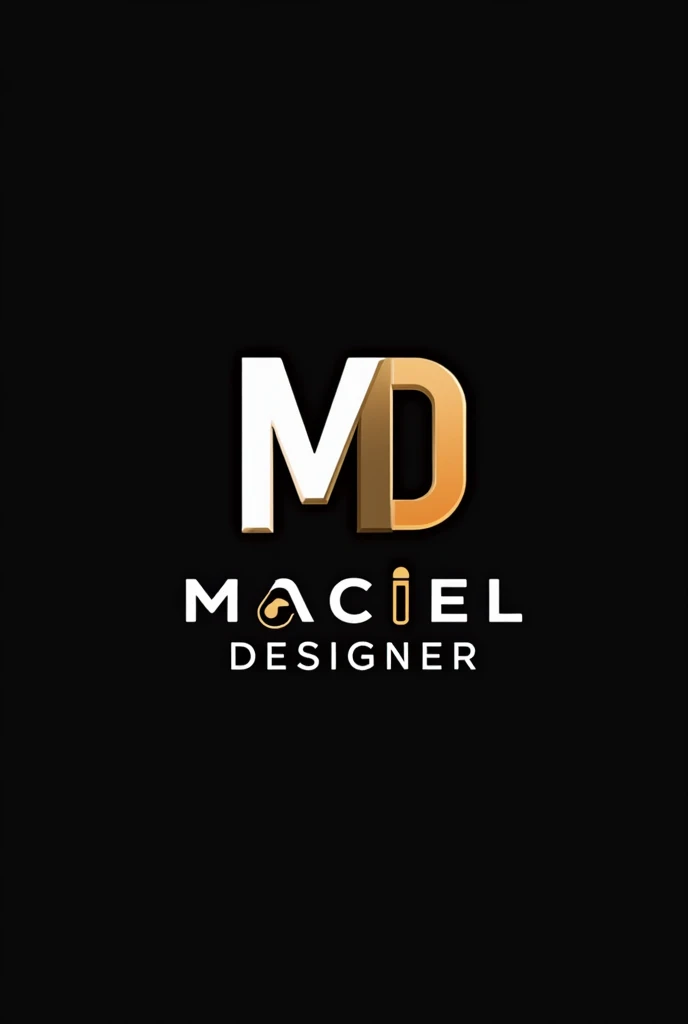 Create a modern and sleek 3D logo with the initials 'MD' for 'Maciel Designer.' The design should include subtle graphic design elements, like a stylized pencil, color palette, or smartphone, to represent the nature of the work. Ensure that the logo is distinctive and easily recognizable, reflecting creativity, independence, and expertise in graphic design. Use a professional and balanced color scheme, incorporating black, white, orange, and gold. The overall design should communicate that this is the personal brand of a skilled graphic designer.