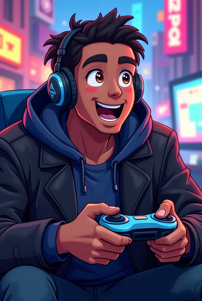 Man with bluetooth headphones, with a happy expression, short hair with black dreadlock coat, brunette skin, light brown eyes, playing video game, style cartoon