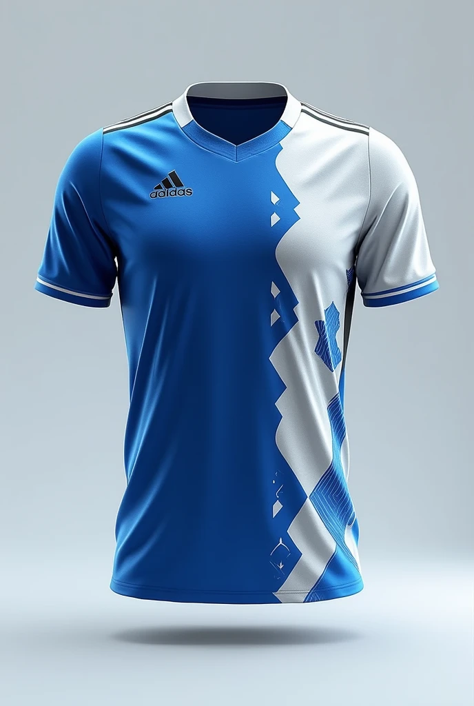 generates a black soccer kit design ,blue and white that has space for sponsors, That the predominant colors are blue and white but that it has black and that you can also see the design on the back and front