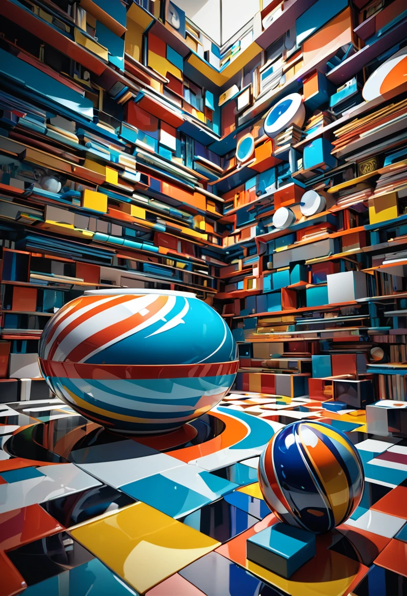 ceramic art works, layers of random colors, complex and random shapes, shiny glossy, shadows, contrast, conceptual installation art, (ultra detailed, absolutely resolution, best quality:1.3), 2.5D, delicate and dynamic, lighting effects, artistic photography, hyper realistic, graphic CG digital art
