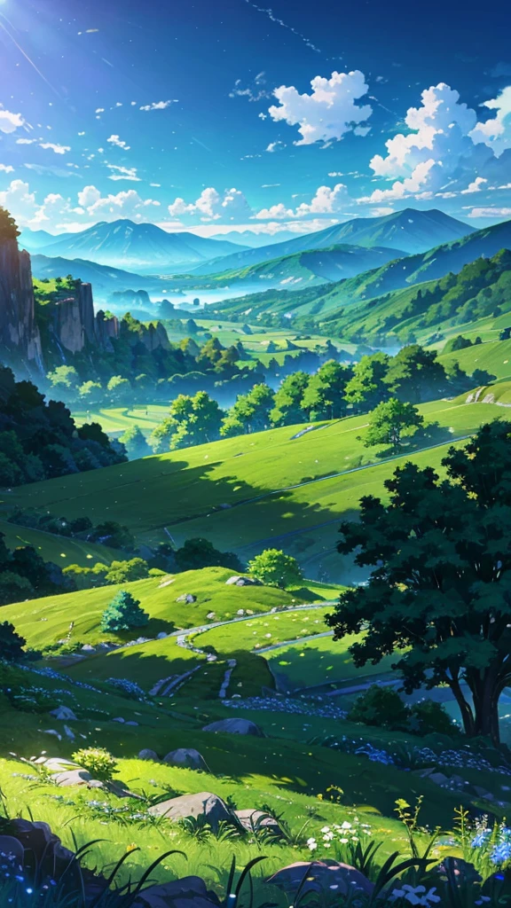 A rocky hillside overlooking a vast green valley. The sky is a vibrant blue, filled with fluffy white clouds. A tree with green leaves is in the upper corner, casting gentle shadows. Distant mountains add depth to the scene, while sunlight softly illuminates the landscape.