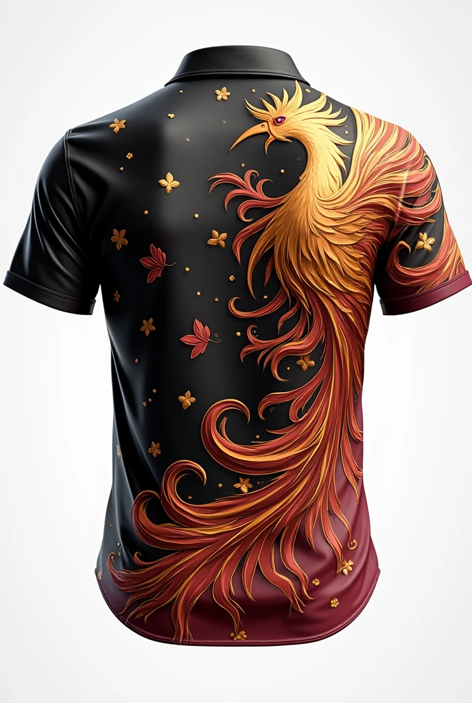  una imagen de una camiseta por delante y por detrás que tenga como colores base el red wine, light brown, black and gold and they are interspersed like the feathers of a phoenix not with a phoenix in front and without flowers or anything like that between the high school graduation sweater, but the shirt must have a collar, that has more white than black, I don&#39;t have orange or yellow but gold, red wine, light brown, that can be seen ahead 
