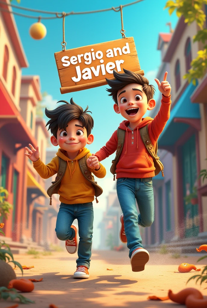 Generate the image of 2 boys and put a sign that says Sergio and Javier.