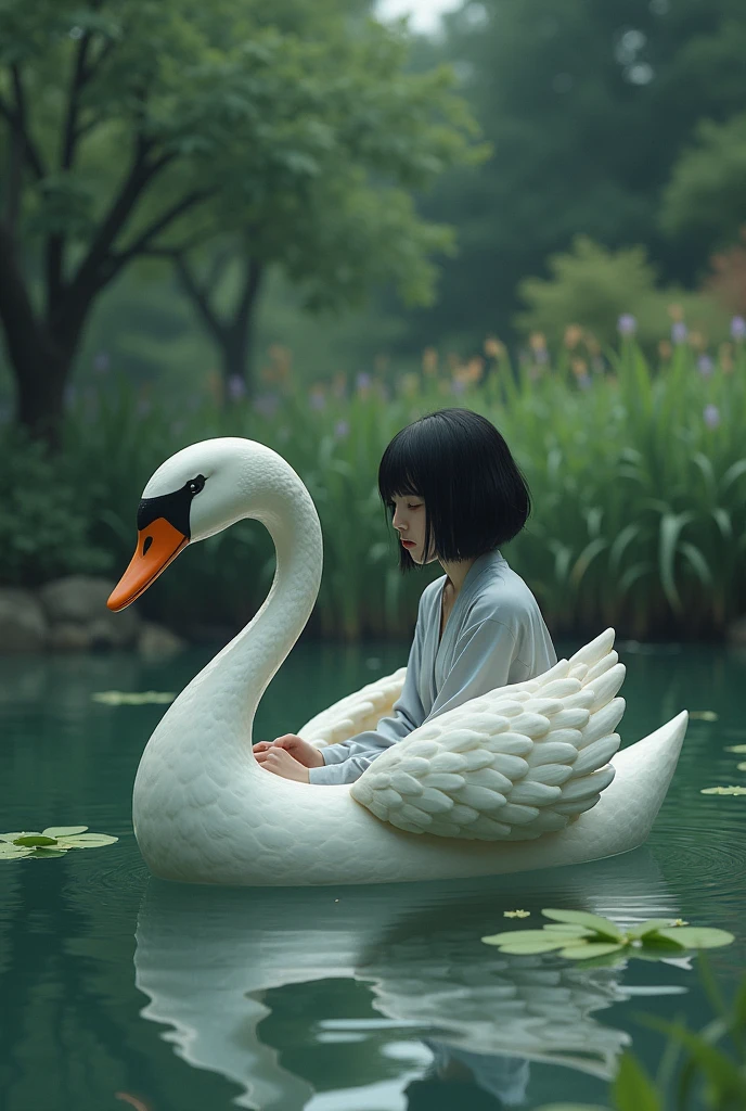 Depressed girl、Japanese、Black Hair、Bobcut、Swan Boat、Ponds in the park、Real、Finish like a photo