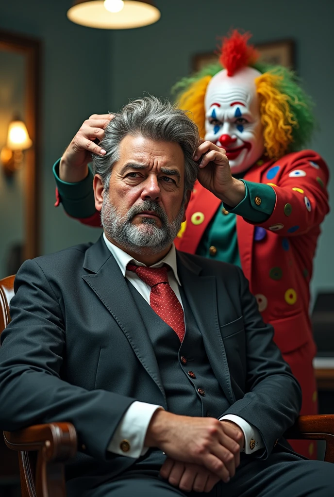 The image of two people.
A very cynical and veteran boss who is having his hair done by his young clown lackey.
