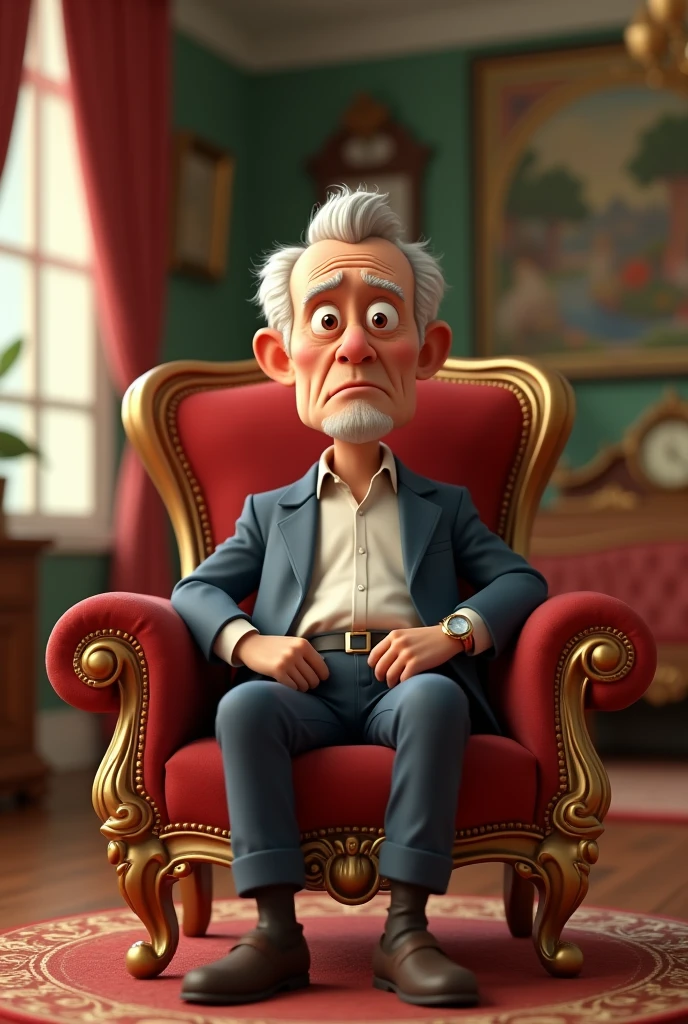 Create a 3d cartoon animation image Scene 1: The Rich Man's Lonely Life and young man

- A luxurious mansion with a lonely figure sitting on a couch
- A close-up of the rich man's face, looking unhappy and unfulfilled
- A shot of the rich man's lavish lifestyle (e.g. expensive cars, jewelry, etc.)