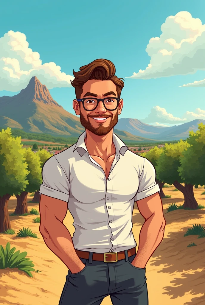 2D CARTOON OF A MAN WITH MEDIUM MUSCLE MASS AND SHORT BROWN HAIR ON THE SIDES, White skin, SHORT BEARD WITH GLASSES BROWN EYES WITH SICILY BACKGROUND