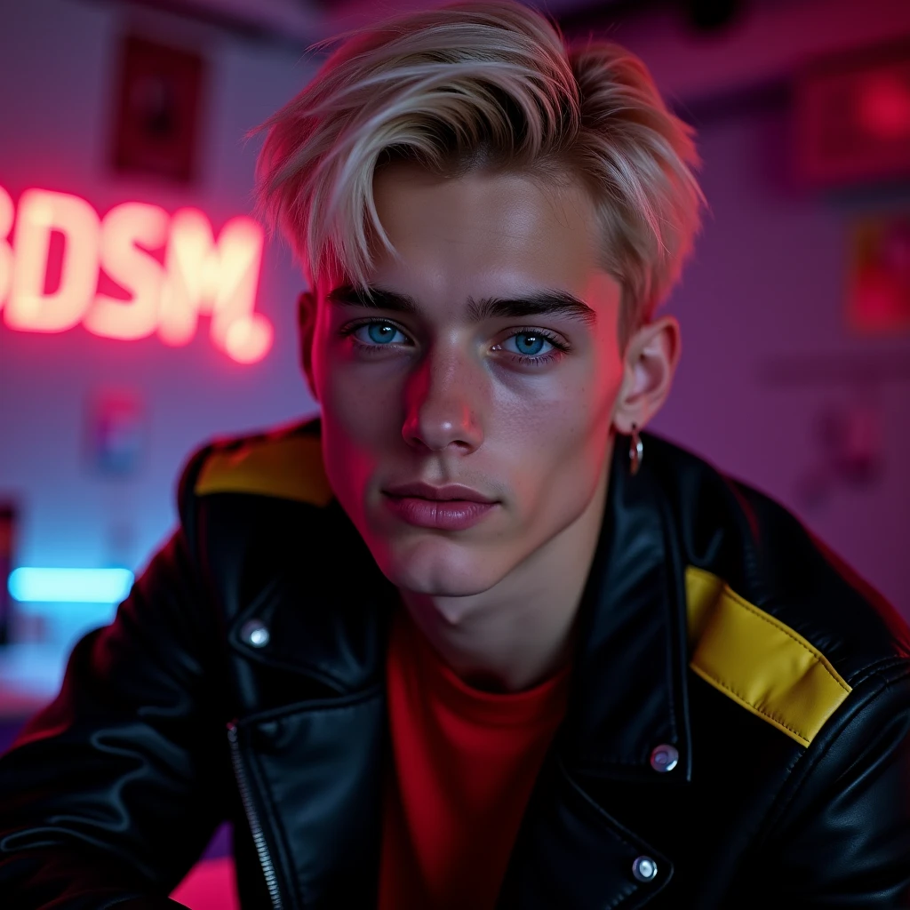 photograph head shot, attractive 22 year-old male model, short platinum blond layered textured side swept bangs hair, vibrant blue eyes, teen face, skinny svelte body, dominant smirking expression, almond shaped eyes, very pale skin tone, black leather jacket with yellow accents on shoulders, red shirt, inside private BDSM club alone, low lighting, neon lighting, cinematic