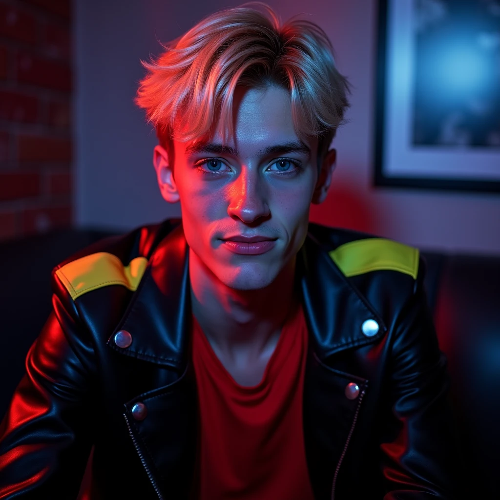 photograph head shot, attractive 22 year-old male model, short platinum blond layered textured side swept bangs hair, vibrant blue eyes, teen face, skinny svelte body, dominant smirking expression, almond shaped eyes, very pale skin tone, black leather jacket with yellow accents on shoulders, red shirt, inside private BDSM club alone, low lighting, neon lighting, cinematic