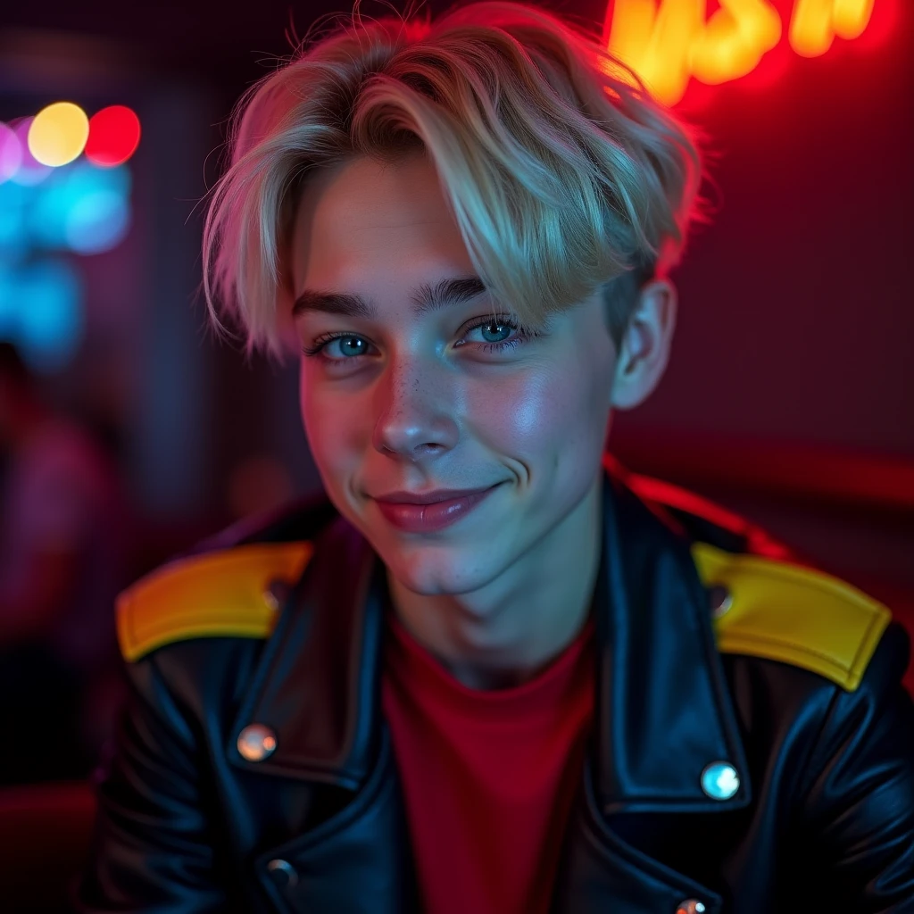 photograph head shot, attractive 22 year-old male model, short platinum blond layered textured side swept bangs hair, vibrant blue eyes, teen face, skinny svelte body, dominant smirking expression, almond shaped eyes, very pale skin tone, black leather jacket with yellow accents on shoulders, red shirt, inside private BDSM club alone, low lighting, neon lighting, cinematic