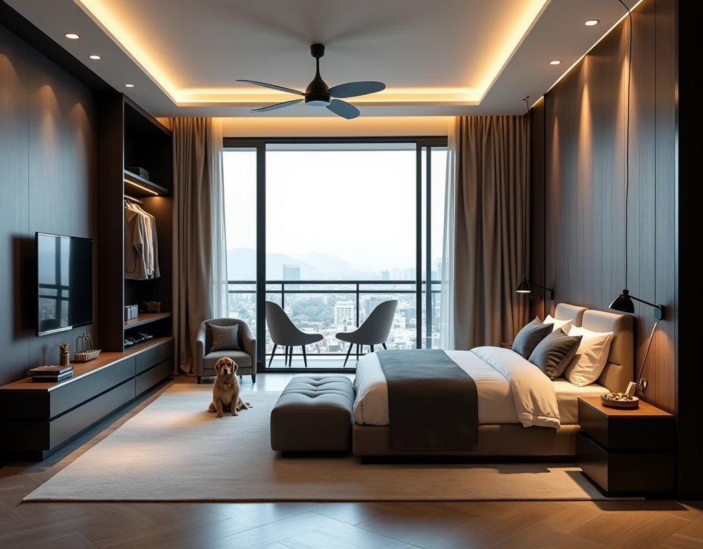 A modern apartment. Bedroom design. Wide bedroom. There is a queen size bed with two bed tables. There is a cupboard and a walk-in closet filled with man's outfits. There is a sofa and a TV. Beside the sofa there is a dog bed. There is a balcony with two chairs for couple. Interior design. Modern black and wood interior. Great lighting.