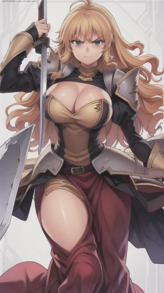 masterpiece,best quality,kim_kwang_hyun, 1girl, Yang Xiao Long, solo, large Long messy curly hair, large , looking at viewer, blue eyes, yellow-green hair, Large Long messy curly hair,bangs, large , long sleeves, dress, cleavage, closed mouth, weapon (((Double-bladed sword), puffy sleeves, arm up, clothing cutout, copyright name, red dress, cleavage cutout, juliet sleeves , power armor, shoulder armor, large Long messy curly hair, blue eyes, angry eyes, coy Smile 