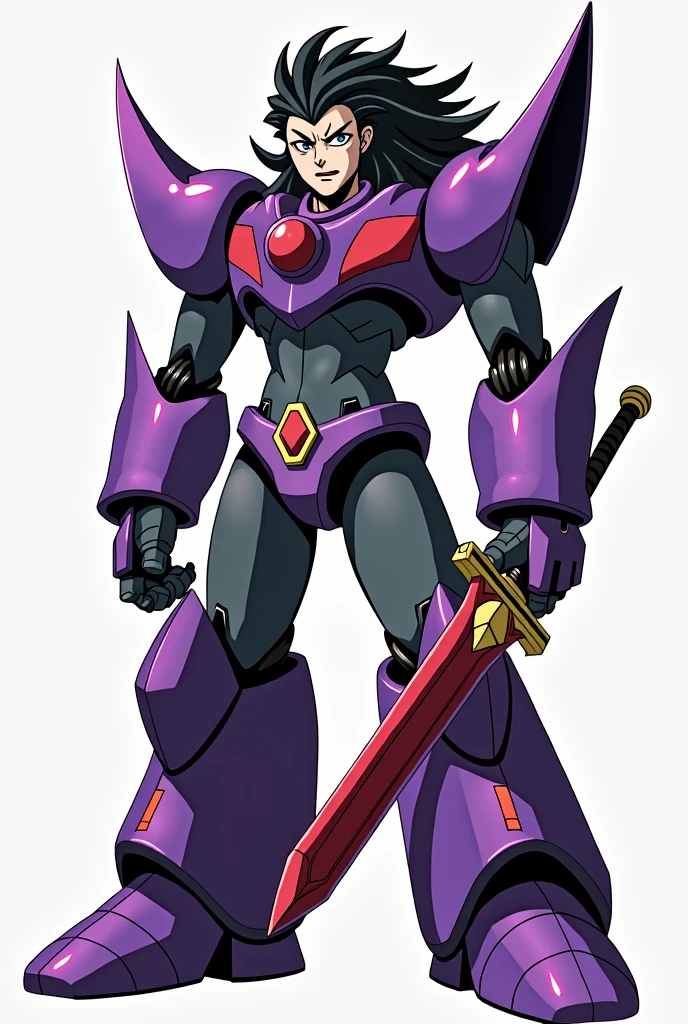 (megaman x), Humanoid robot similar to Zero from Megaman X, Standing taking his sword, With the same armor as Zero from Megaman x6, black hair , Mexican tea, black hair, frown, has to be fat, The armor has to be the same as Zero, but purple with black