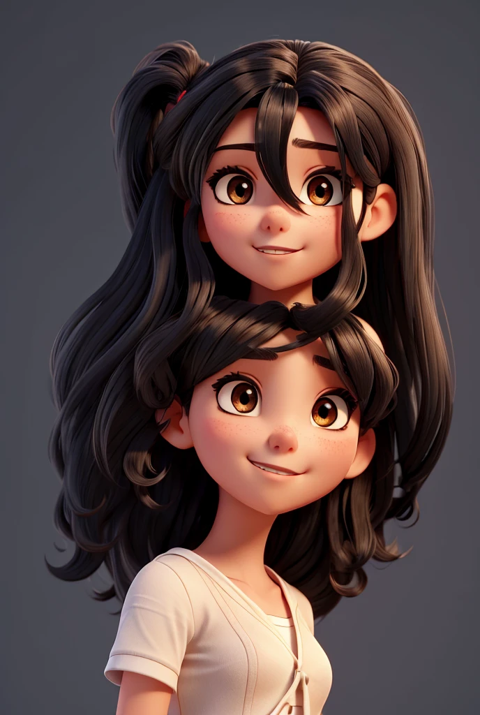 A teenager, Brunetette, long wavy black hair. eyes black. Mouth making a half-turned pout with a slight smile, simple background