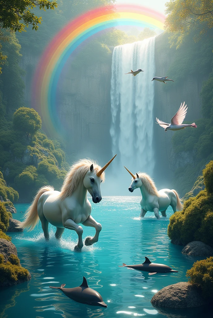 Image of unicorns with dolphins and some flying in a landscape with a waterfall and a rainbow 