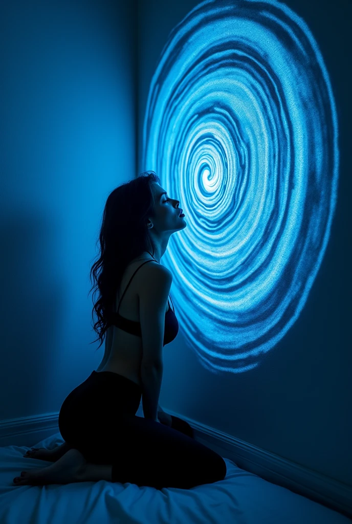 A beautiful woman, sexy butt, black legging, tank top, kneeling while staring at the wall, the wall he was looking at gave off a blue spiral, in the bedroom, she looked at the wall more closely, when she saw the wall her eyes became blue spirals, she was hypnotized, she licked the wall with the spiral image, she kissed the wall hard, she licked the wall with the spiral image hard, she prostrated himself and worshiped the wall