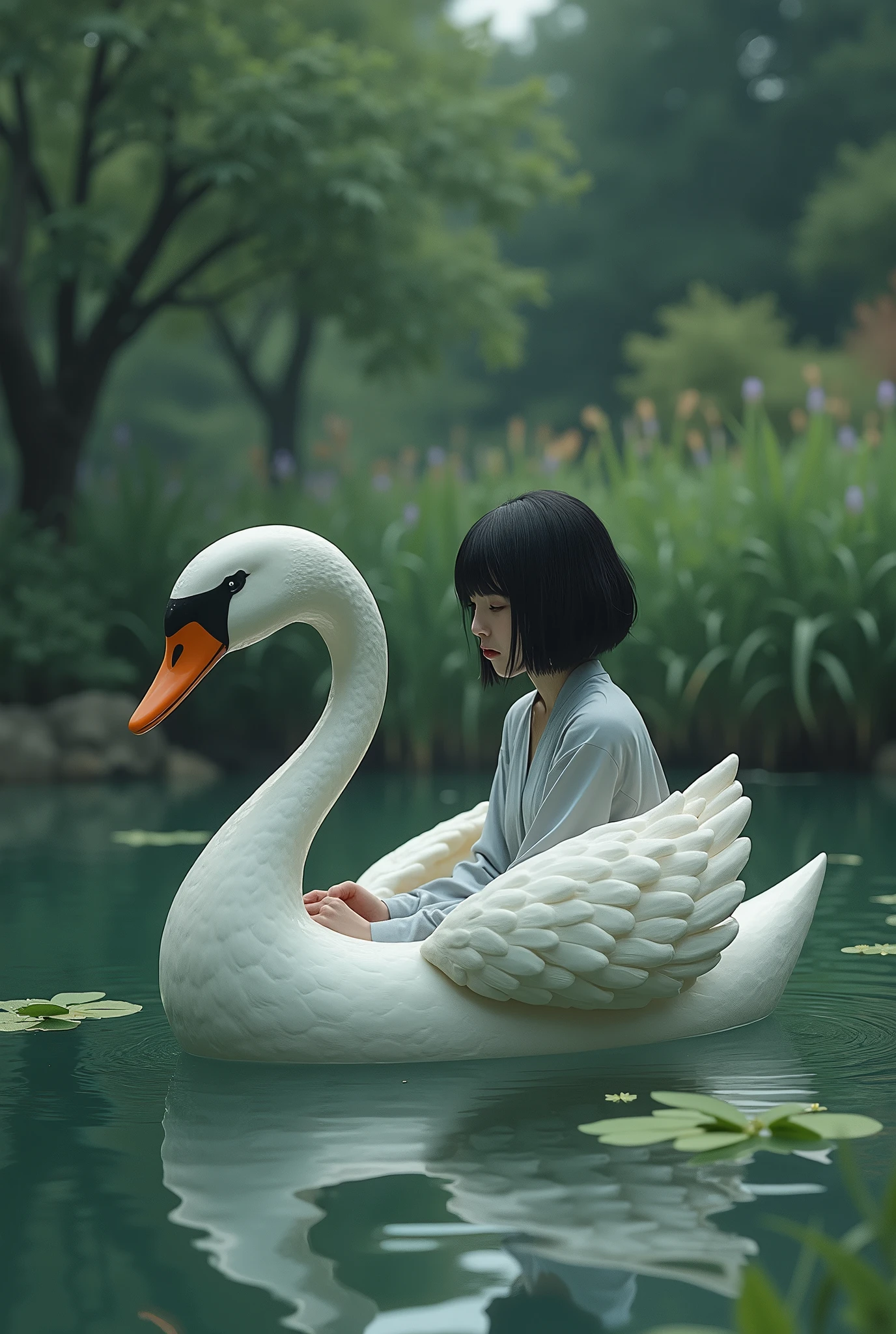 Depressed girl、Japanese、Black Hair、Bobcut、Swan Boat、Ponds in the park、Real、Finish like a photo