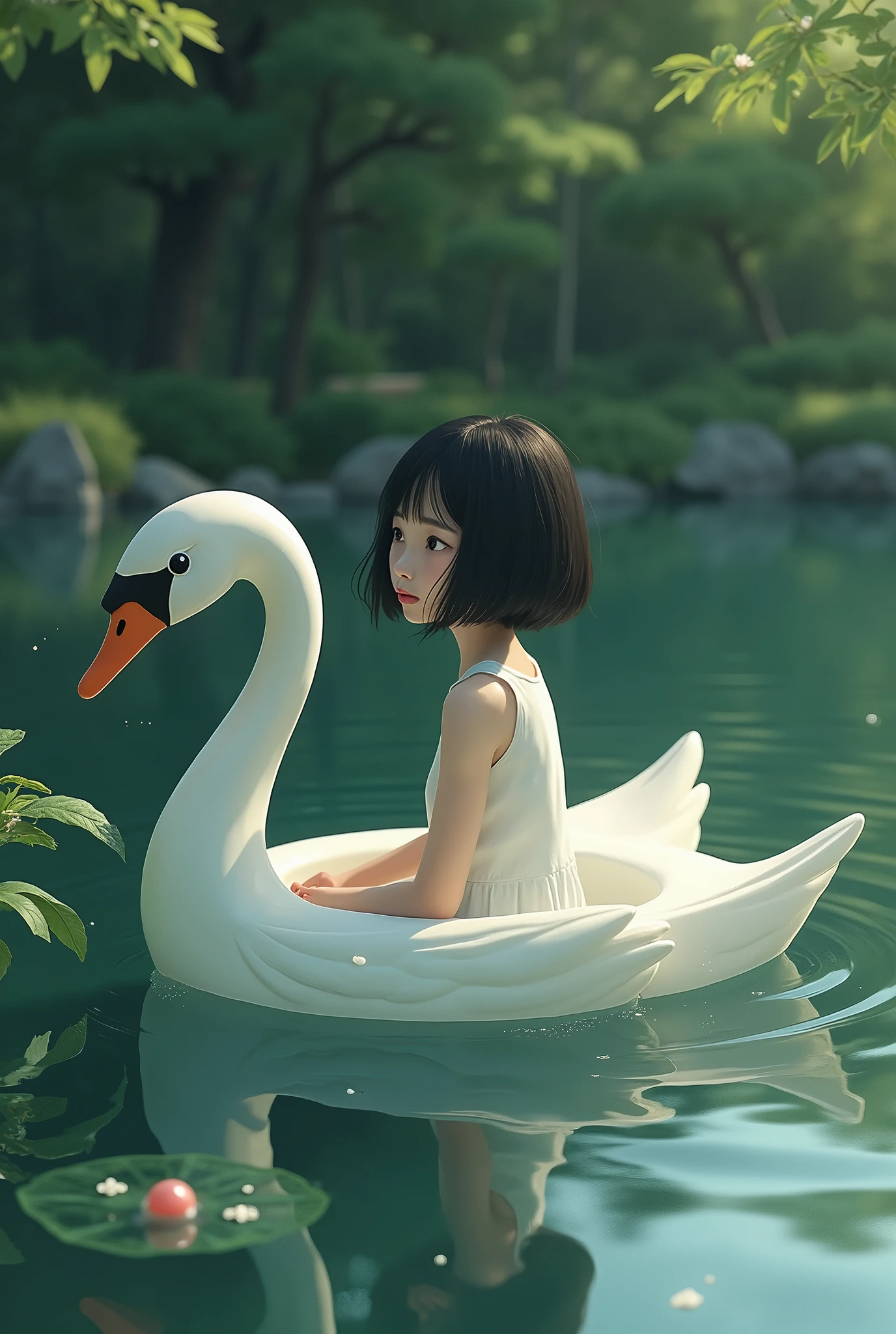 Depressed girl、Japanese、Black Hair、Bobcut、Swan Boat、Ponds in the park、Real、Finish like a photo