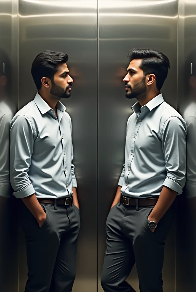 Two Indian young man lean on office lift wall tucked in shirt discussing