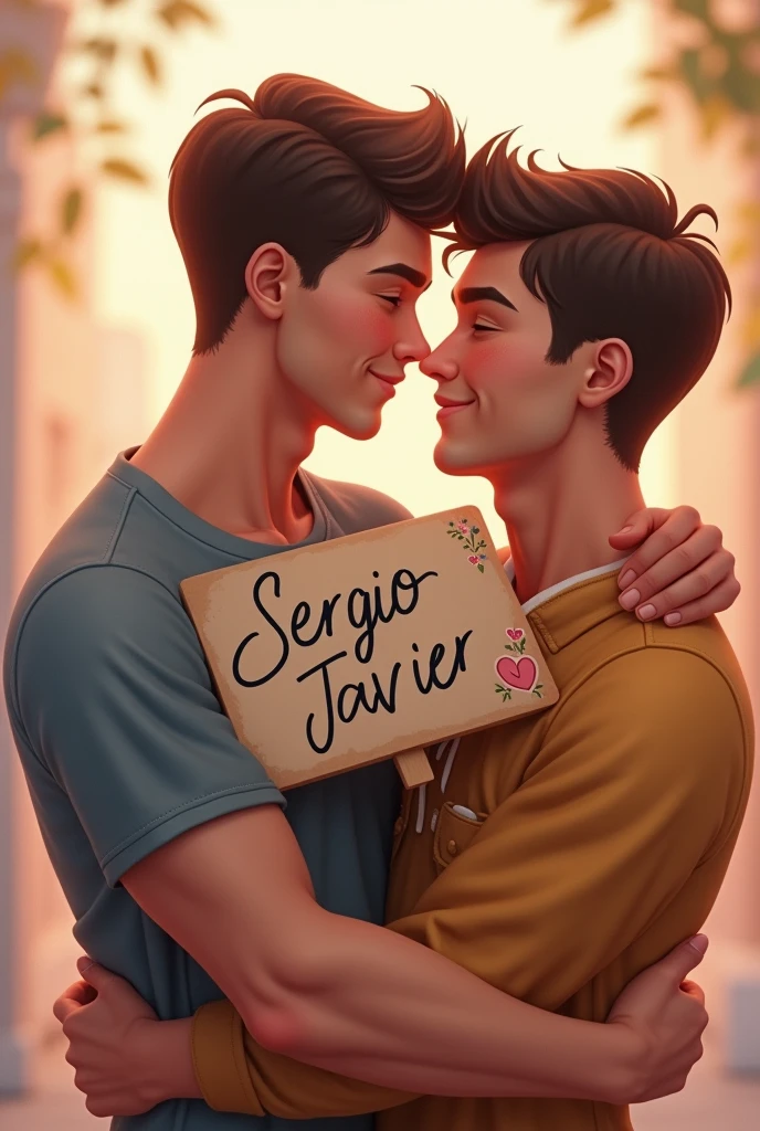 Generate the image of 2 gay guys and put a sign that says Sergio and Javier.