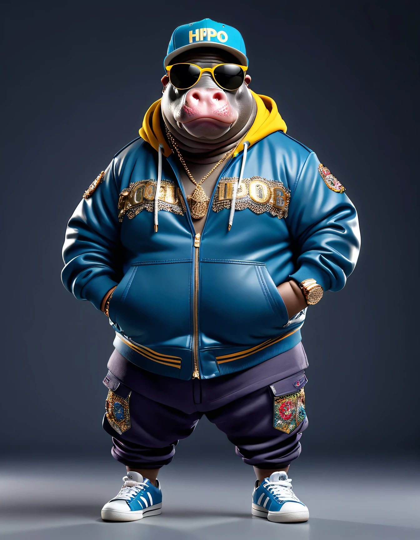 photorealistic portrait of Dressed animals - a ((fat)) (hippo) hip hop dancer,(hands on hips:1.5), high quality,(lovely) ,intricate details, highly detailed ((hip hop fashion)) ,(wearing sunglasses:2.0), (cap, pants, sneakers),(wearing a jacket and hoodie) ,, wearing sunglasses, (happy), studio lighting,(full body image:1.5),score_9, score_8_up, score_7_up, score_6_up, score_5_up, score_4_up,
