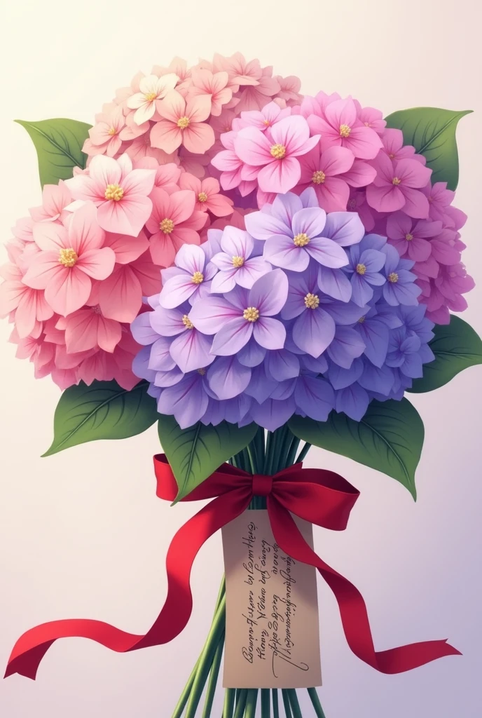 Bouquet of hydrangeas with a note wrapped around the stem held by a red ribbon
