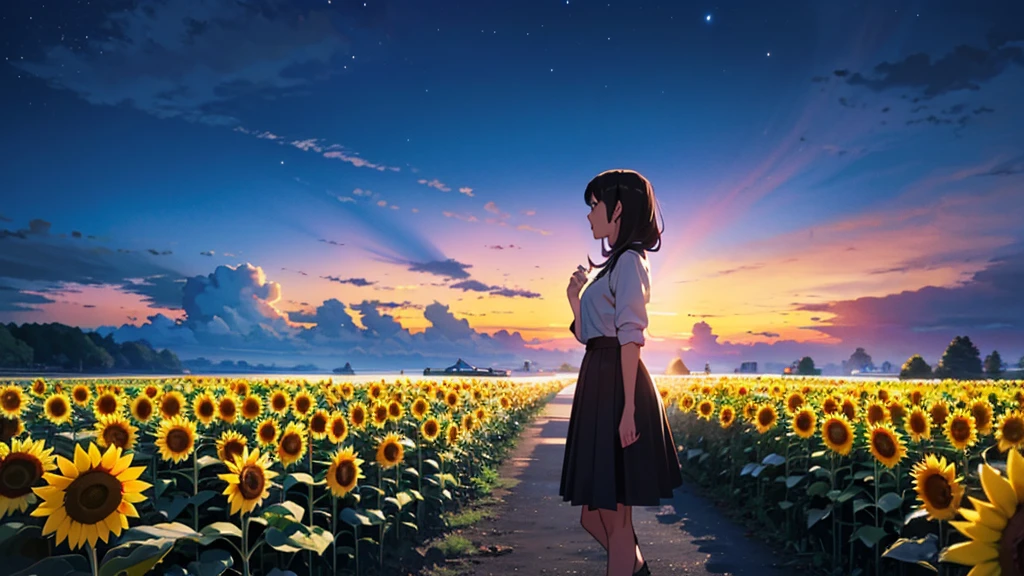 (masterpiece:1.4), (Highest quality:1.4), Very detailed, Complex, Super detailed, night、Starry Sky、Sunflower field、One Girl、4K、8k