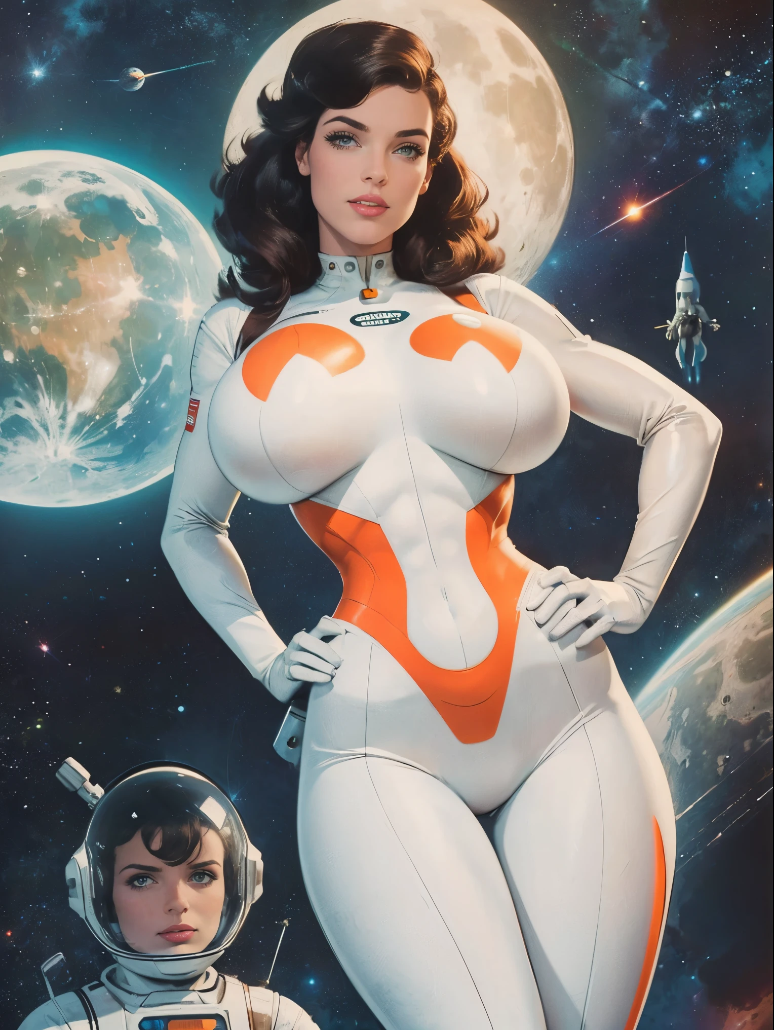 (masterpiece, top quality, best quality, official art, beautiful and aesthetic:1.2), (1girl:1.3), light freckles, fair skin, extremely detailed, portrait, looking at viewer, solo, (full body:0.6), detailed background, close up, (bright space pinup theme:1.1), busty 1950's pinup brunette space girl, charlatan, smiling, happy, mysterious, spacewalk, modest attire, white and orange space suit, spacesuit, helmet, bodysuit, ray gun, long boots, pouches, jetpack, glass helmet, rocket ship, ((((narrow hips, slim sexy body, gigantic breasts)))), slim waist, slim hips, long legs, futuristic (moon exterior:1.1) background, dark mysterious lighting, shadows, magical atmosphere, dutch angle,