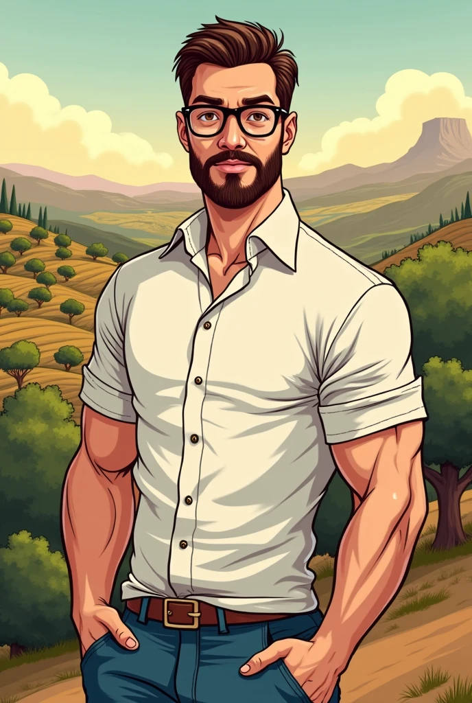 2D CARTOON OF A MAN WITH MEDIUM MUSCLE MASS AND SHORT BROWN HAIR ON THE SIDES, White skin, SHORT BEARD WITH GLASSES BROWN EYES WITH SICILY BACKGROUND