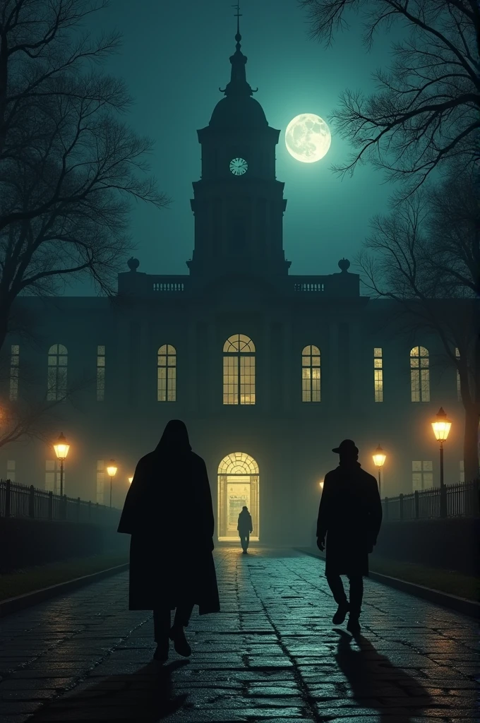 Image of a historical museum at night, with two suspicious individuals discreetly approaching the entrance."
