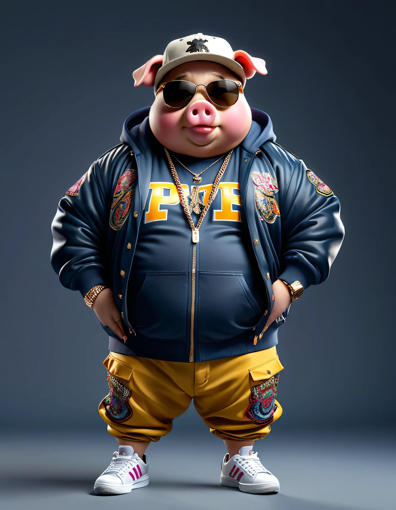 photorealistic portrait of Dressed animals - a ((fat)) (pig) hip hop dancer,(hands on hips:1.5), high quality,(lovely) ,intricate details, highly detailed ((hip hop fashion)) ,(wearing sunglasses:2.0), (cap, pants, sneakers),(wearing a jacket and hoodie) ,, wearing sunglasses, (happy), studio lighting,(full body image:1.5),score_9, score_8_up, score_7_up, score_6_up, score_5_up, score_4_up,