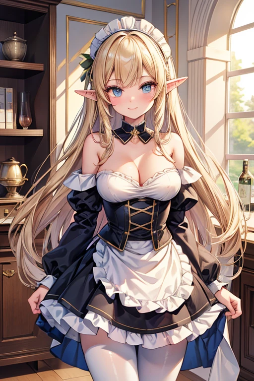 (masterpiece,best quality,ultra-detailed), an anime elf lady who is an elegant and beautiful high-elf maid. She has champagne colored long hair with side-swept bangs, star sapphire slit eyes, high-elf ears, slender body shape, elf curves, wearing beautiful adorned off shoulder maid top, ruffled skirt, maid headband and pantyhose, standing with elegance, hands on the hem of her skirt in courtesy, smiling elegantly, looking at viewer, in a modern house