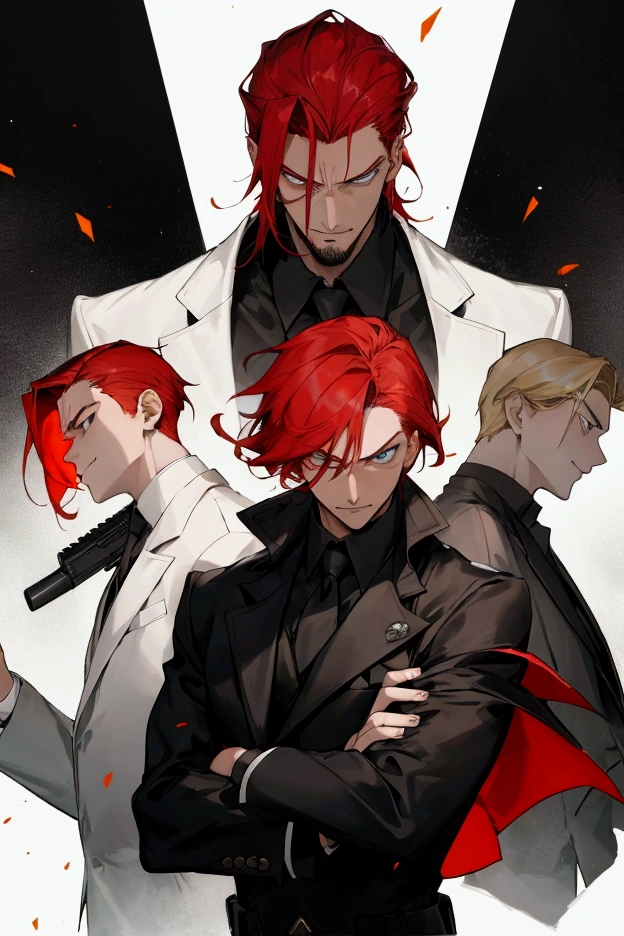 Create a group of three men, The first man has a smile and an evil look, he has red hair.., The one in the middle has a gun in his hand and a serious face. He has shorter blonde hair., The last man also has a serious face, His arms are also crossed, He has black hair, A little long, With some strands falling over her face