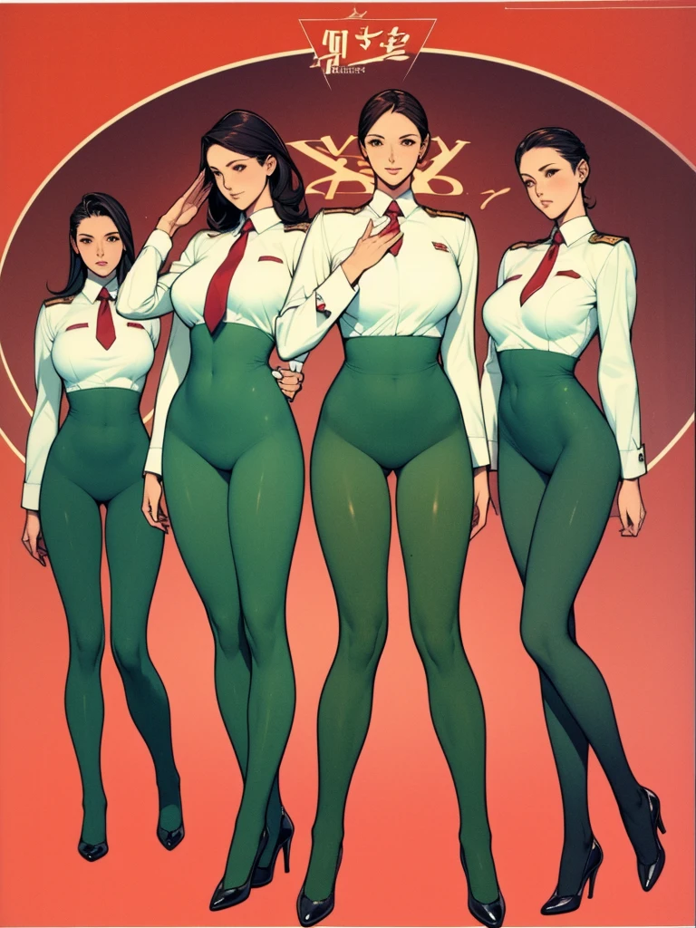 Full body picture:(masterpiece:1.2, best quality),(Very detailed),8K,wallpaper,Three women standing in a row,Full body picture,All wearing pantyhose,Female Soldiers,military uniform,深绿色military uniform,织物纹理military uniform,leotard,Dark green tie,Tall figure,Long legs,muscular,salute