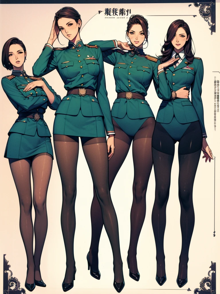 Full body picture:(masterpiece:1.2, best quality),(Very detailed),8K,wallpaper,Three women standing in a row,Full body picture,All wearing pantyhose,Female Soldiers,military uniform,深绿色military uniform,织物纹理military uniform,leotard,Dark green tie,Tall figure,Long legs,muscular,salute