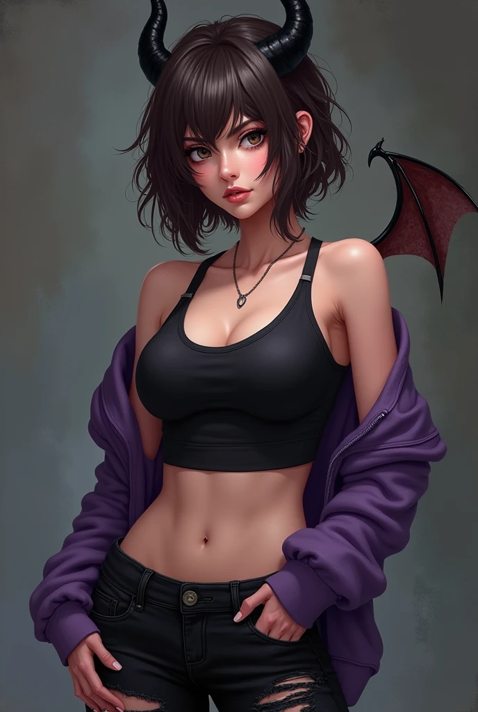 fanart style, an adult woman, Dark brown hair cut in layers, his eyes are brown, The girl is seen standing with a somewhat casual air, His posture is slightly tilted to one side, with one arm resting on her waist, She wears a black tank top, a purple sweatshirt and some ripped black jeans., has black horns, some little demon wings, It is noticeable that the girl exercises