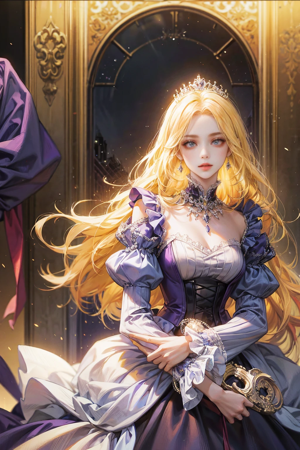 Woman with long yellow hair, alone, looking at the viewer, Bright purple eyes, Princess dress with ruffles on the sleeves.